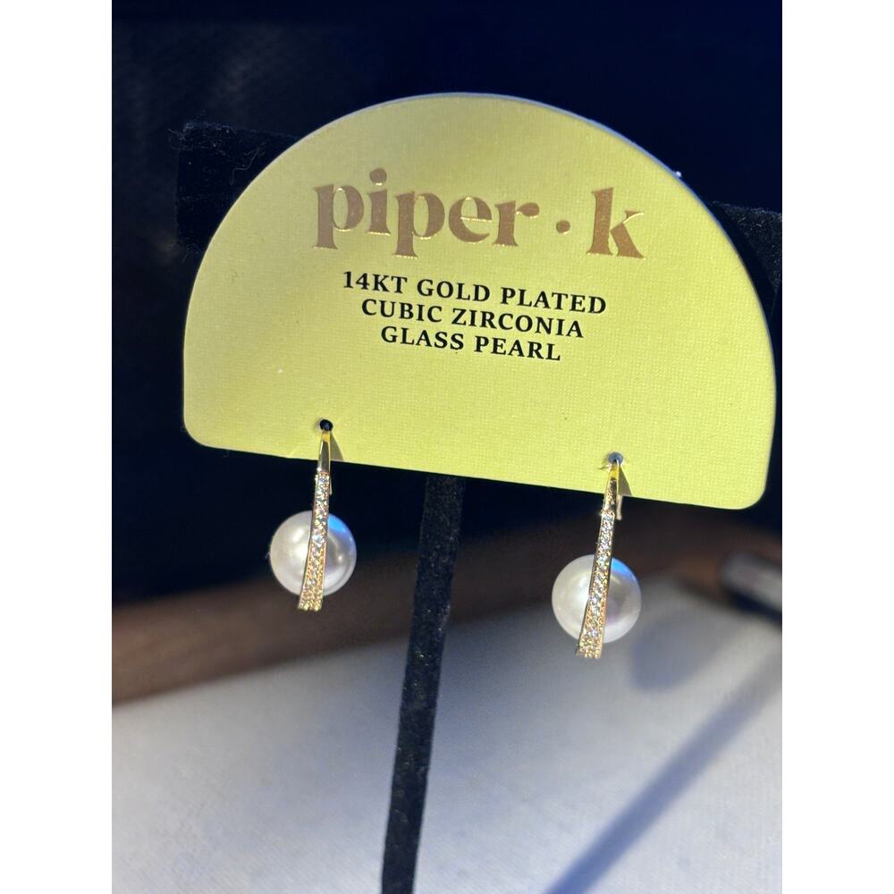 Piper K 14K Gold Plated Pearl CZ Hoop Earrings NWT